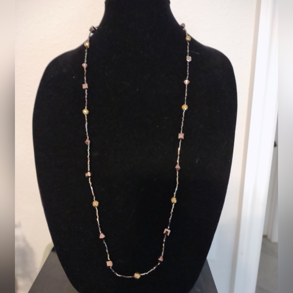 Copper Metallic Sparkling Faceted Square, Round, Cone Beaded 34" Necklace